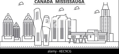 Mississauga, Canada ligne d'architecture illustration vecteur linéaire. skyline Vue urbaine avec des sites célèbres de la ville, sites touristiques, icones du paysage avec coups modifiable. Illustration de Vecteur