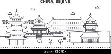 Chine, Beijing ligne architecture skyline. illustration vecteur linéaire Vue urbaine avec des sites célèbres de la ville, sites touristiques, icones du paysage avec coups modifiable. Illustration de Vecteur