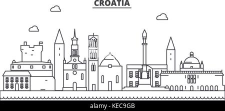 L'architecture de la Croatie d'horizon ligne. illustration vecteur linéaire Vue urbaine avec des sites célèbres de la ville, sites touristiques, icones du paysage avec coups modifiable. Illustration de Vecteur