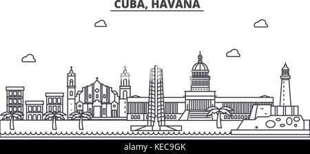 Cuba, La Havane ligne architecture illustration vecteur linéaire. skyline Vue urbaine avec des sites célèbres de la ville, sites touristiques, icones du paysage avec coups modifiable. Illustration de Vecteur