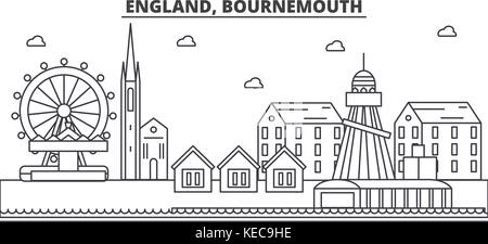 Angleterre, Bournemouth ligne architecture illustration vecteur linéaire. skyline Vue urbaine avec des sites célèbres de la ville, sites touristiques, icones du paysage avec coups modifiable. Illustration de Vecteur