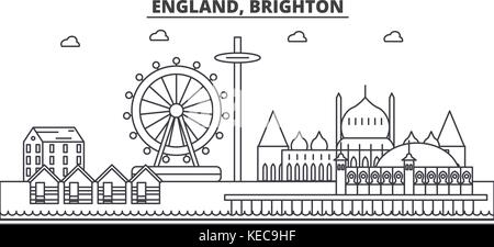 L'Angleterre, Brighton ligne architecture illustration vecteur linéaire. skyline Vue urbaine avec des sites célèbres de la ville, sites touristiques, icones du paysage avec coups modifiable. Illustration de Vecteur