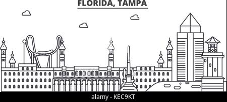 Florida, Tampa skyline ligne architecture illustration vecteur linéaire. Vue urbaine avec des sites célèbres de la ville, sites touristiques, icones du paysage avec coups modifiable. Illustration de Vecteur