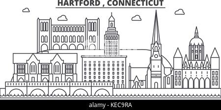 Hartford , connecticut ligne architecture illustration vecteur linéaire. skyline Vue urbaine avec des sites célèbres de la ville, sites touristiques, icones du paysage avec coups modifiable. Illustration de Vecteur
