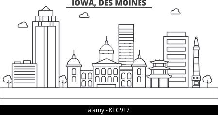 L'Iowa, des moines de l'architecture illustration vecteur linéaire. skyline Vue urbaine avec des sites célèbres de la ville, sites touristiques, icônes de design. avec paysage coups modifiable Illustration de Vecteur
