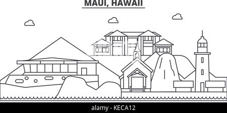 Maui, Hawaii ligne architecture illustration vecteur linéaire. skyline Vue urbaine avec des sites célèbres de la ville, sites touristiques, icones du paysage avec coups modifiable. Illustration de Vecteur