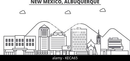 Nouveau Mexique albuquerque ligne architecture illustration vecteur linéaire. skyline Vue urbaine avec des sites célèbres de la ville, sites touristiques, icones du paysage avec coups modifiable. Illustration de Vecteur