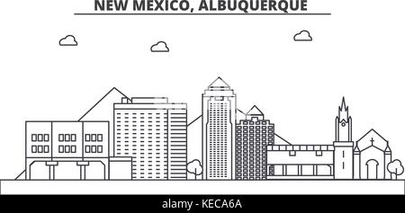 New Mexico, Albuquerque ligne architecture illustration vecteur linéaire. skyline Vue urbaine avec des sites célèbres de la ville, sites touristiques, icones du paysage avec coups modifiable. Illustration de Vecteur