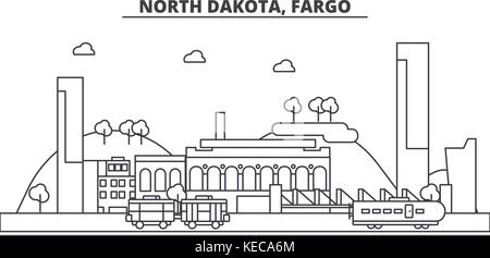 Dakota du Nord, l'architecture fargo skyline ligne. illustration vecteur linéaire Vue urbaine avec des sites célèbres de la ville, sites touristiques, icones du paysage avec coups modifiable. Illustration de Vecteur