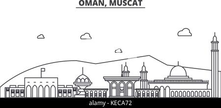 Oman, muscat ligne architecture illustration vecteur linéaire. skyline Vue urbaine avec des sites célèbres de la ville, sites touristiques, icones du paysage avec coups modifiable. Illustration de Vecteur