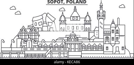 Pologne, Sopot ligne architecture skyline. illustration vecteur linéaire Vue urbaine avec des sites célèbres de la ville, sites touristiques, icones du paysage avec coups modifiable. Illustration de Vecteur