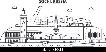 La Russie, Sotchi ligne architecture illustration vecteur linéaire. skyline Vue urbaine avec des sites célèbres de la ville, sites touristiques, icones du paysage avec coups modifiable. Illustration de Vecteur