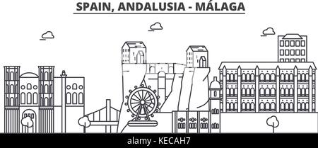 Espagne, malaga, andalousie ligne architecture illustration vecteur linéaire. skyline Vue urbaine avec des sites célèbres de la ville, sites touristiques, icones du paysage avec coups modifiable. Illustration de Vecteur