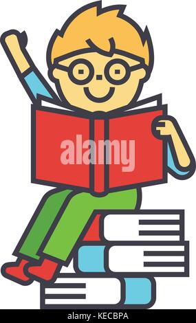 Smiling kid sitting on pile of books reading textbook. concept ouvert icône vecteur ligne modifiable. avc. télévision illustration linéaire isolé sur fond blanc Illustration de Vecteur