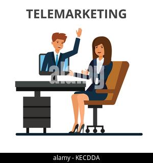 Le télémarketing, vente en ligne d'affaires, conférence, appels vidéo. La technologie de communication internet. businessman and businesswoman chatting. web télévision vector illustration isolé sur fond blanc. Illustration de Vecteur