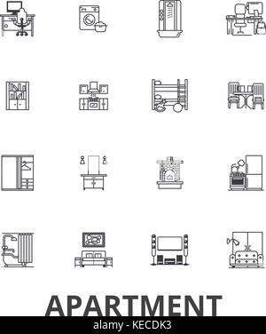 Appartement, immeuble, maison, intérieur, télévision, complexe, l'architecture, salle de séjour. icônes de ligne de traits modifiable. vector illustration design concept symbole isolated linéaire. Illustration de Vecteur