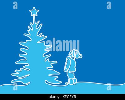 Carte de nouvel an boy looking at Christmas Tree Illustration de Vecteur