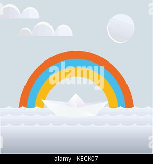 Simple dessin d'un bateau de papier sur le fond de la mer et de l'arc en ciel Illustration de Vecteur
