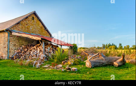 Hangar de stockage en bois de fortune avec un toit de feuilles de métal ondulé adjacent à une maison dans la campagne Mayenne, France Banque D'Images