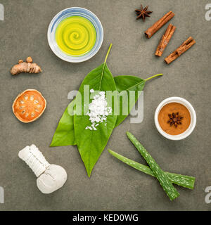 Les avocats quitte avec la nature ingrédients spa,curcuma,herbal compress ball bael indien ,la cannelle en poudre, des bâtons de cannelle, huile aromatique ,star ani Banque D'Images