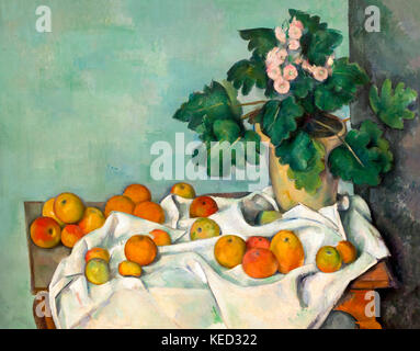 STILL Life with Apples and a Pot of Primroses, Paul Cezanne, vers 1890, Metropolitan Museum of Art, Manhattan, New York City, États-Unis, Amérique du Nord Banque D'Images