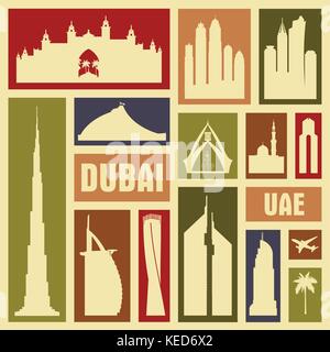 Émirats arabes unis Dubaï ville symbole icône silhouette définie. Vector illustration d'arrière-plan Illustration de Vecteur