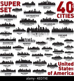 Ville incroyable. 40 city silhouettes des États-Unis d'Amérique Illustration de Vecteur