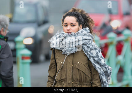 Jeune femme vêtue d'une froide journée d'automne dans un manteau et écharpe. Banque D'Images