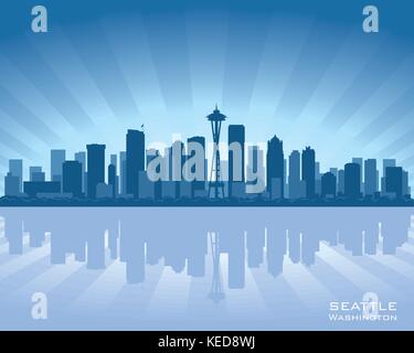 Seattle, Washington skyline illustration avec la réflexion dans l'eau Illustration de Vecteur