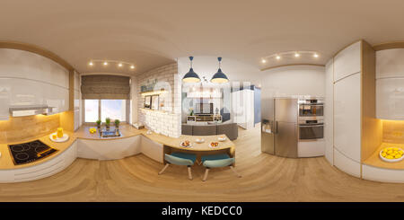 Illustration 3d 360 degrés sphérique transparente, panorama de livi Banque D'Images