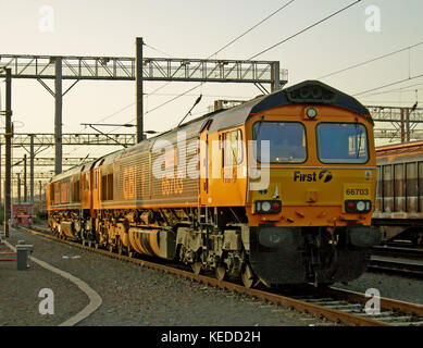 Deux locomotives classe 66 gbrf cour à Wembley, Londres Banque D'Images