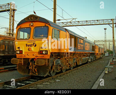 Deux locomotives classe 66 gbrf cour à Wembley, Londres Banque D'Images