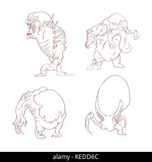 Collection de vecteur ligne tirée des illustrations de monstres mutants exotiques Illustration de Vecteur