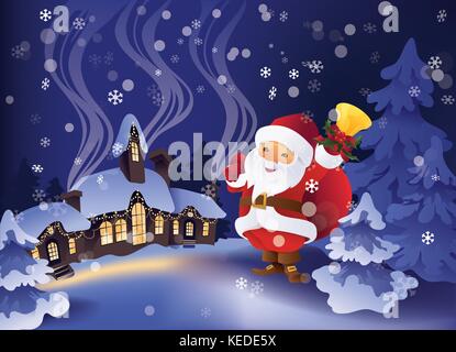 Neige hiver nuit en village de Noël. père noël avec sac cadeau et Bell dans la main. Illustration de Vecteur