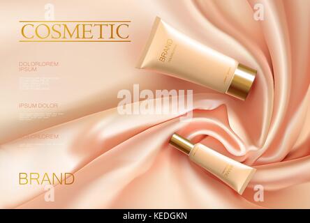 3D réaliste tube cosmétique satin ad. draperies de soie couleur beige rose propotional modèle d'affiche. paquet d'or set vector illustration Illustration de Vecteur