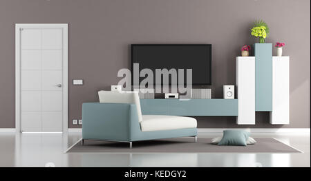 Salon moderne avec tv sur mur et chaise lounge - le rendu 3D Banque D'Images