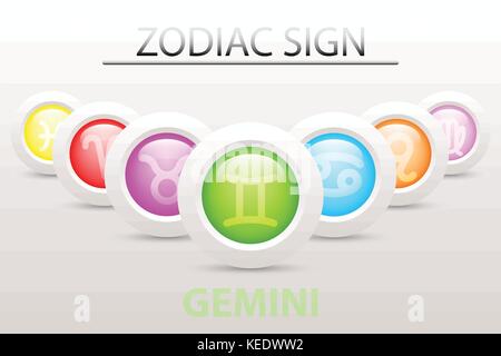 Astrologie horoscope zodiaque symbole de séquence de Gemini 3d avec bouton blanc simple et chute de papier d'ombre conception graphique vecteur icône Illustration de Vecteur