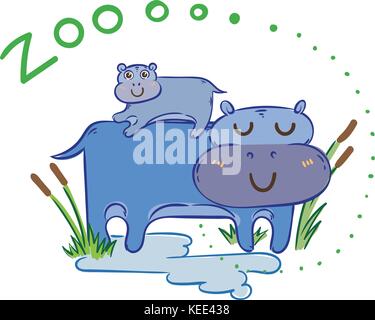 Illustration de doodle mignon les hippopotames, hand drawn vector cartoon graphique. Illustration de Vecteur