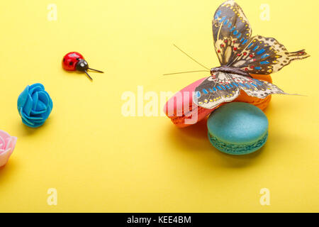 Une photo de divers macarons et un papillon, roses, ladybug. tourné à partir de ci-dessus, sur un fond jaune avec une place pour le texte Banque D'Images