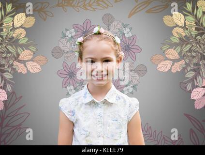 Fille de composite numérique contre l'arrière-plan gris avec des fleurs dans les cheveux et jolie fleur patterns Banque D'Images