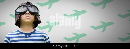 Digital composite de garçon contre l'arrière-plan gris avec des lunettes et un chapeau et pilote les avions Banque D'Images