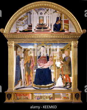 Lorenzo di Pietro appelé Vecchietta Pala di Spedaletto . Vierge à l'Enfant et Saints Biagio, Jean le Baptiste, Nicola et Floriano ; A... Banque D'Images