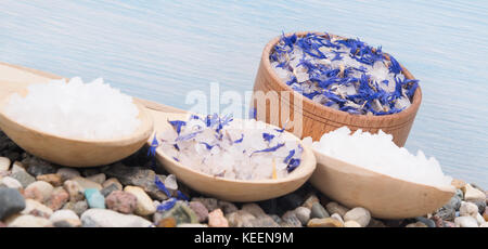 sea salt, in three wooden spoons, lie on stones, spa background Banque D'Images