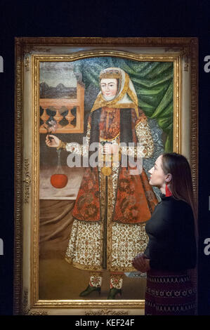 Londres, Royaume-Uni. 20 Oct, 2017. Un membre du personnel vues "UN Portrait de femme tenant une rose et verre', Perse, vers 1660-1700, (Est. GBP0.8-1.0m), à un essai d'organisation islamique, du Moyen-Orient et d'autres œuvres qui seront mises aux enchères à Sotheby's New Bond Street le 24 et 25 octobre. Crédit : Stephen Chung/Alamy Live News Banque D'Images