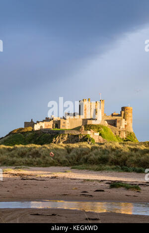 Lumière du soir au château de Bamburgh, Bamburgh, Northumberland, England, UK Banque D'Images