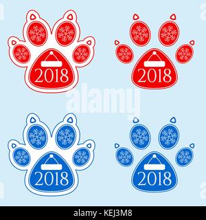 Nouvelle année autocollant de chien chien paw paw. avec illustration de flocons, santa claus hat et inscription 2018 silhouette isolée. paw en rouge, bleu et w Illustration de Vecteur