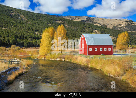 Grange rouge et couleurs d'automne le long de la rivière près de Ruby, l'aulne montana Banque D'Images