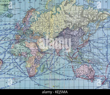 Mcnally monde antique carte montrant les routes maritimes en 1911 Banque D'Images