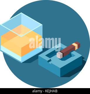 Verre isométrique de l'alcool et le cigare sur le cendrier. Illustration de Vecteur