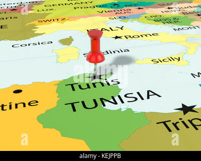 Punaise sur l'arrière-plan de la carte Tunis. 3d illustration. Banque D'Images